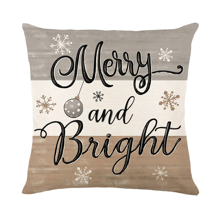 Square Cotton-Linen Holiday Throw Pillow Cover with Handlettered Merry and Bright Script and Snowflake Ornament