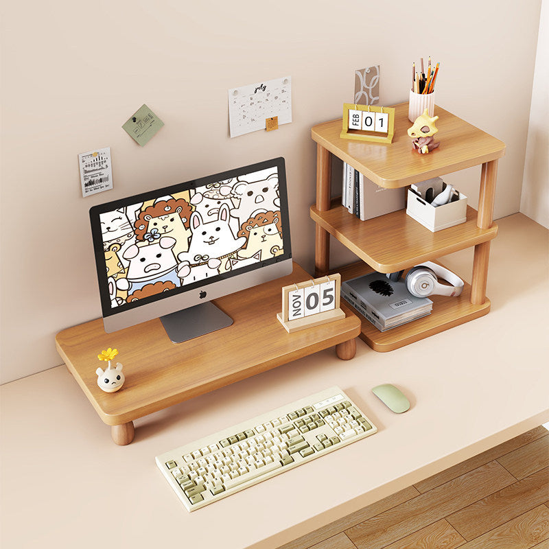 Solid Wood Monitor Riser with Tiered Desk Organizer and Cable Management