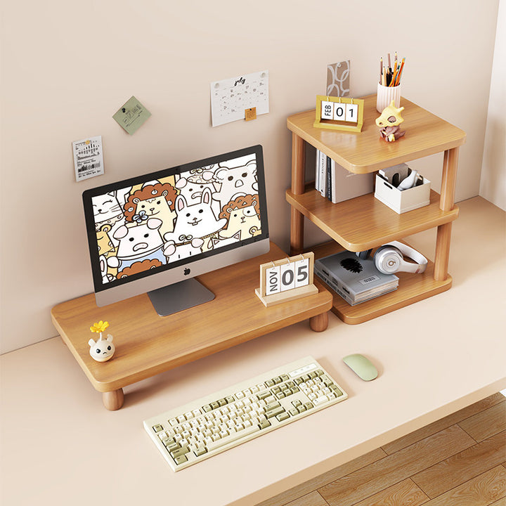 Solid Wood Monitor Riser with Tiered Desk Organizer and Cable Management