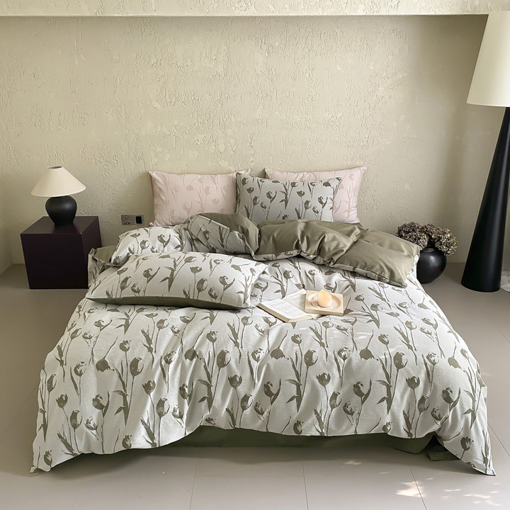 Floral Micro-Print Cotton Sateen Duvet Cover Set with Reversible Solid-Back and Pillow Shams