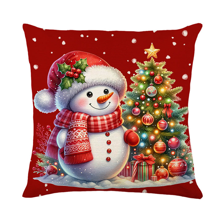 Festive Square Cotton-Linen Throw Pillow Cover with Christmas Snowman and Illuminated Tree Print