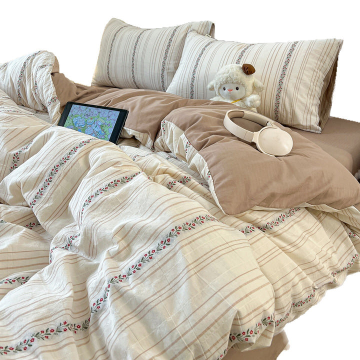 Striped Vintage Floral Cotton Percale Duvet Cover Set