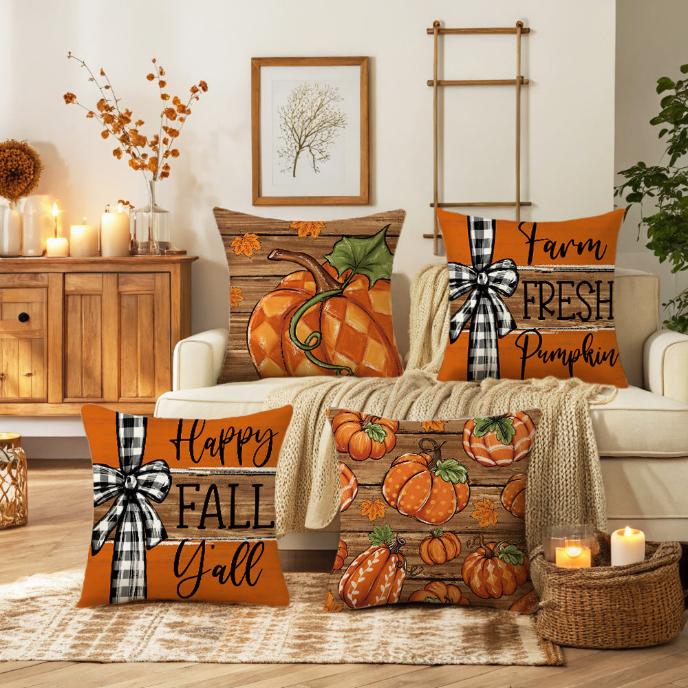 Decorative Autumn Pumpkin Print Square Throw Pillow Cover with Hidden Zipper and Linen-Texture