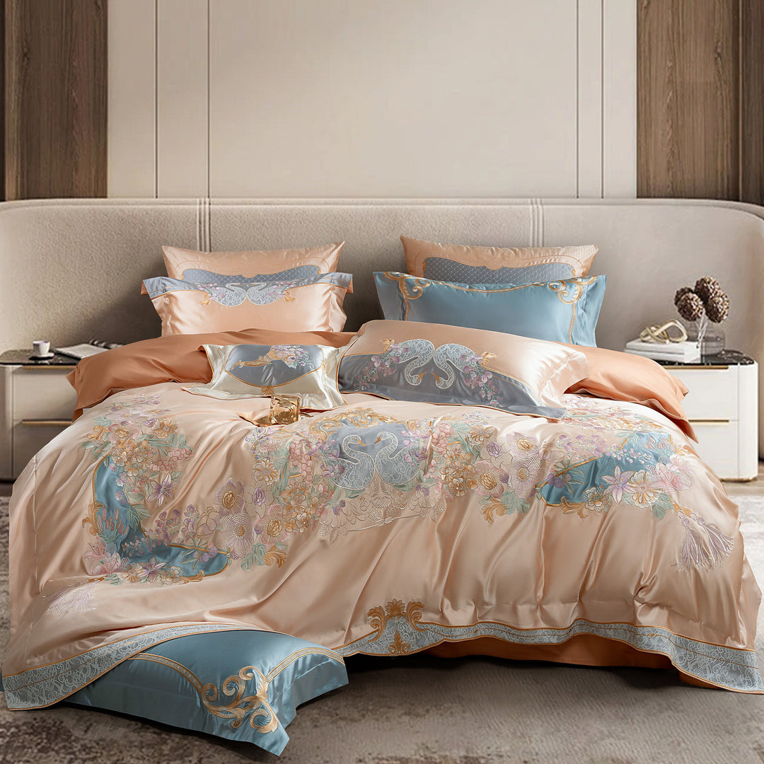 Embroidered Luxury Satin-Feel Duvet Cover Set with Hidden Zipper & Oxford Shams