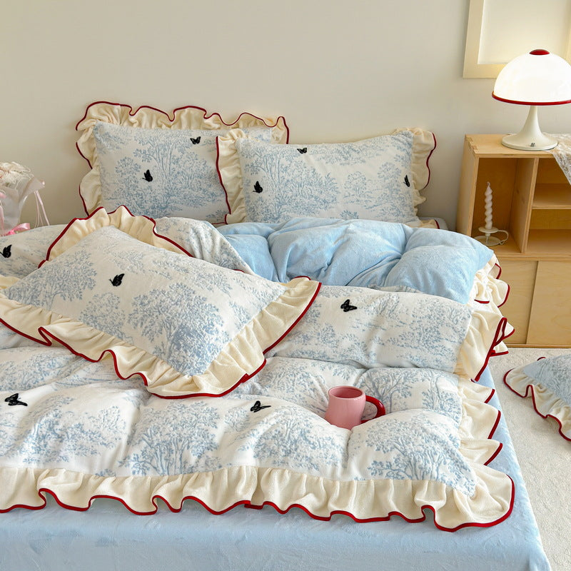 Ruffled Toile Comforter and Shams Set with Contrast Piping