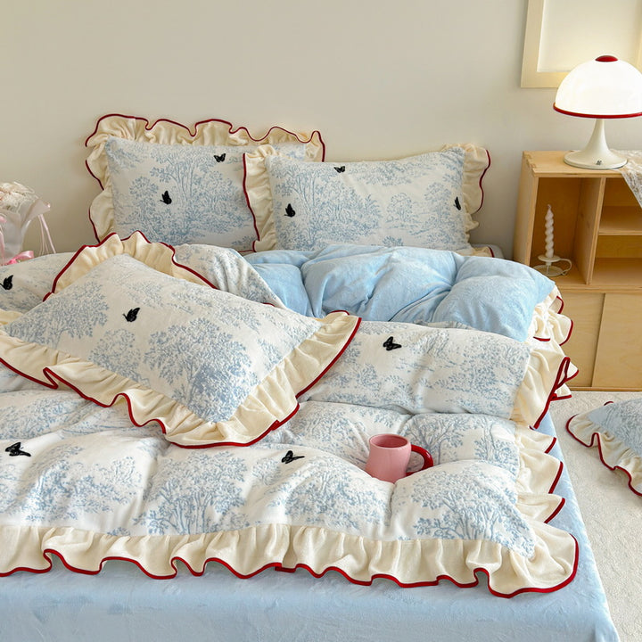 Ruffled Toile Comforter and Shams Set with Contrast Piping