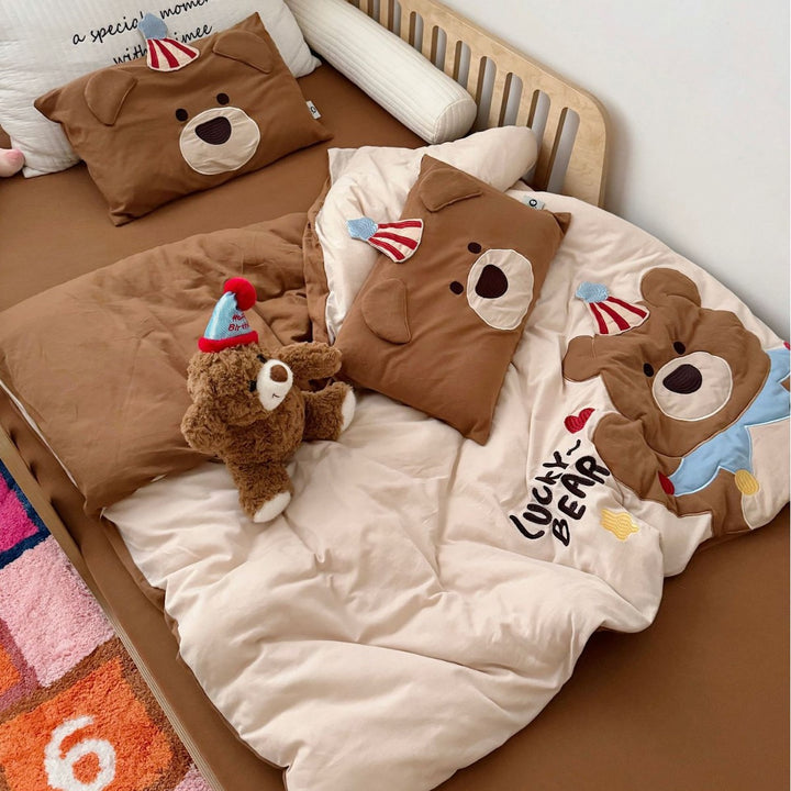 Kids Appliqué Puppy Cotton Sateen Duvet Cover with Quilted Puppy Face Pillow Shams