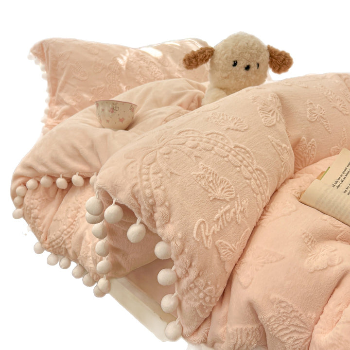 Plush Embossed Butterfly Duvet Cover Set with Pom-Pom Trim