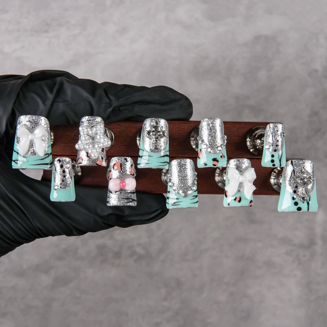 Decorative Press-On Nail Art Set with Glitzy Silver Accents