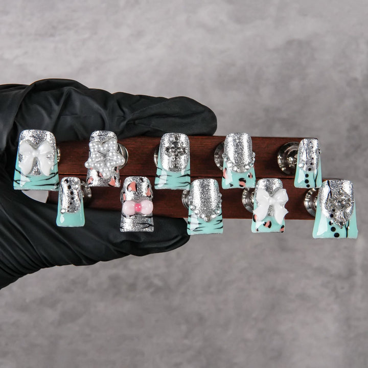 Decorative Press-On Nail Art Set with Glitzy Silver Accents