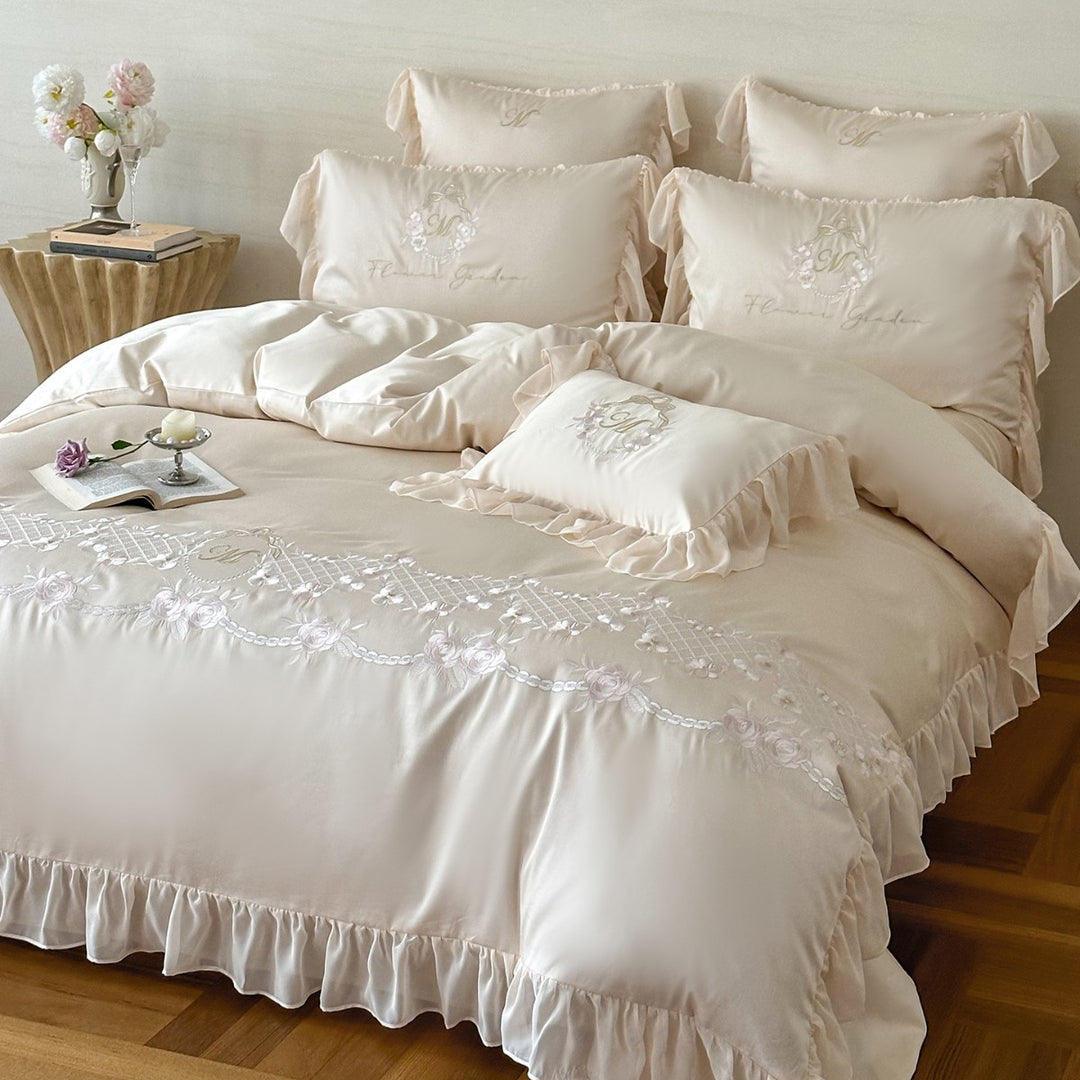 Romantic Ruffle-Trim Satin-Blend Floral Embroidered Duvet Cover Set
