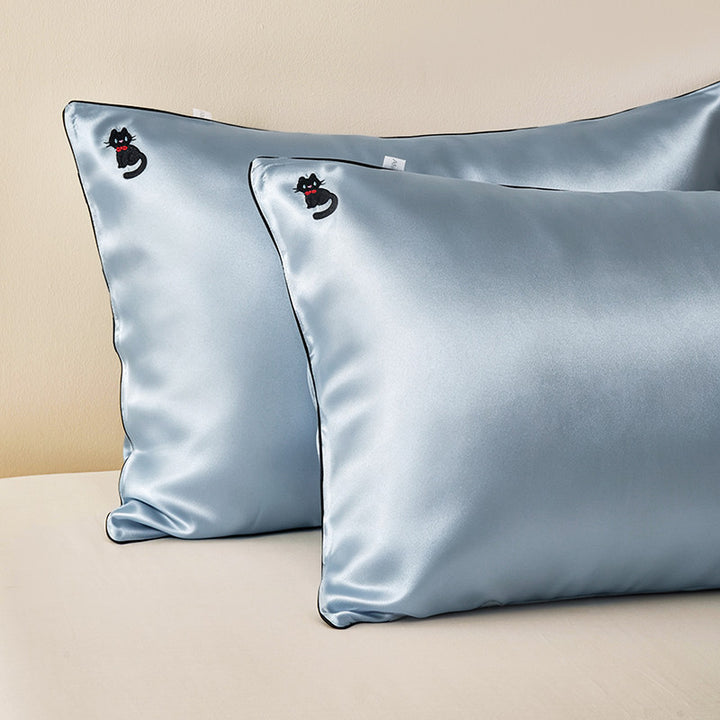 Silky Satin Pillowcase Pair with Contrasting Piping and Corner Cat Embroidery