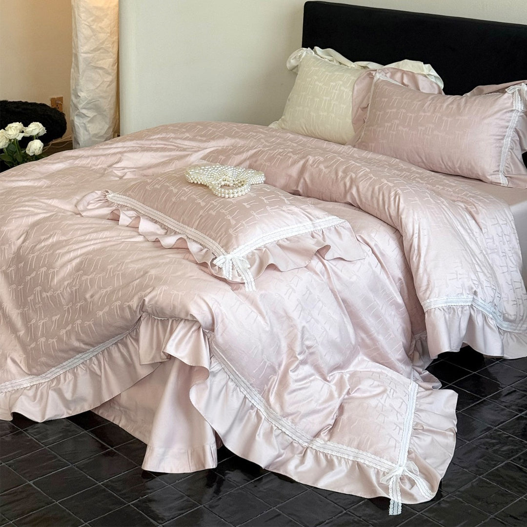 Ruffled Jacquard Bow-Pattern Sateen Duvet Cover Set with Lace Trim and Pillow Shams