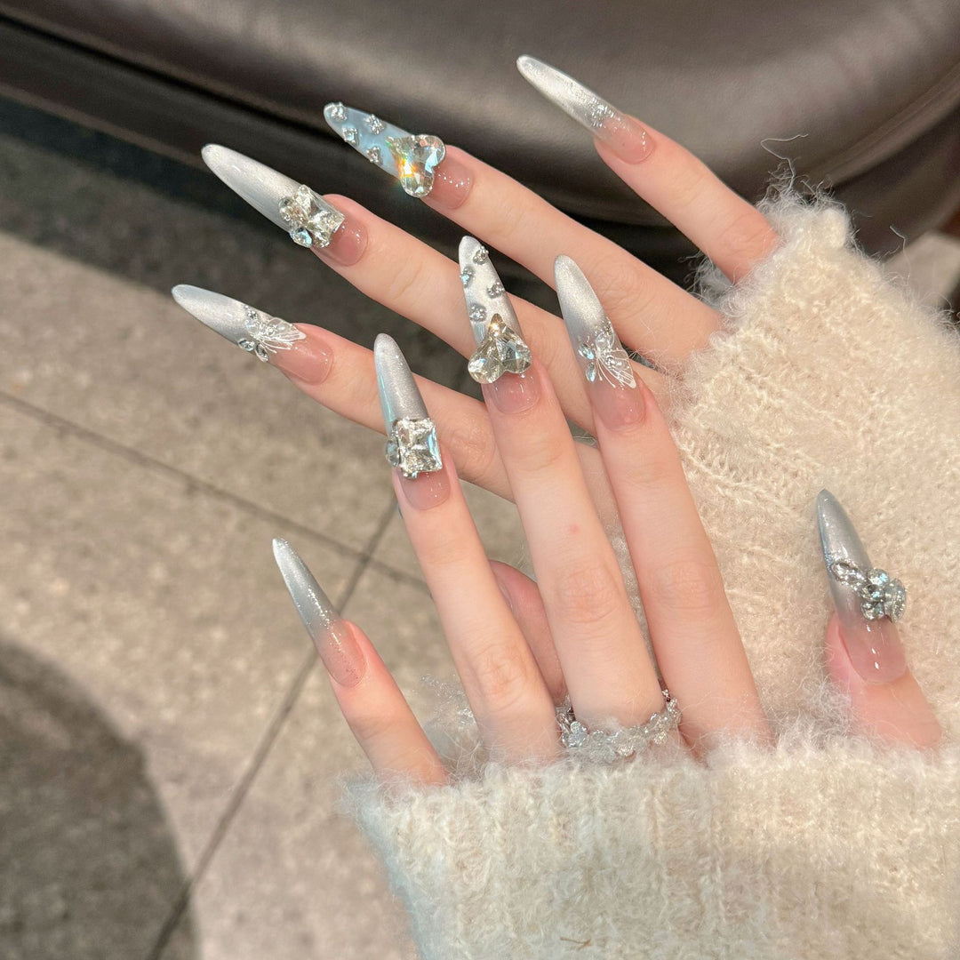 Decorative Stiletto Press-On Nail Art Set with Rhinestone Accents