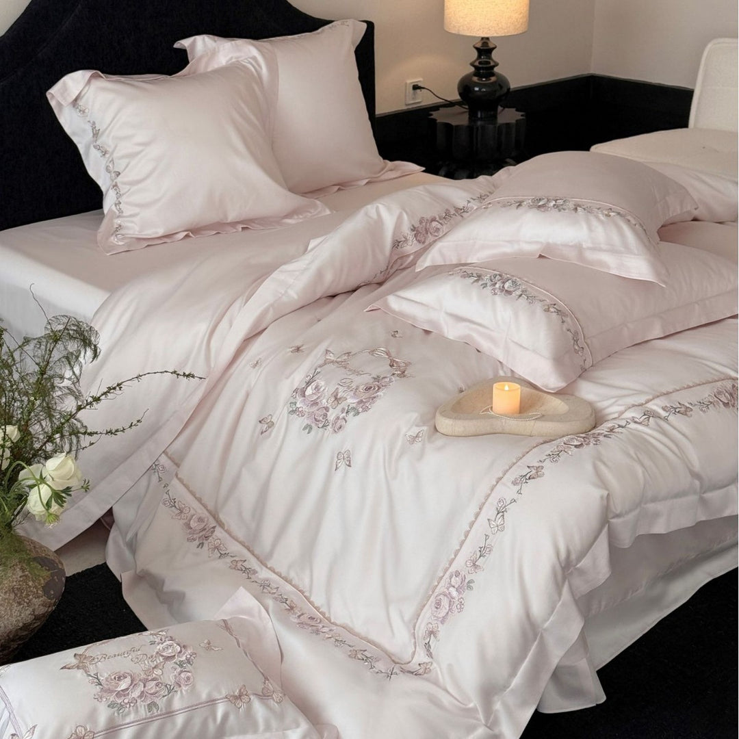 Satin bedding set with embroidered rose border and fine silk shine