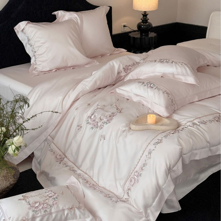Satin bedding set with embroidered rose border and fine silk shine