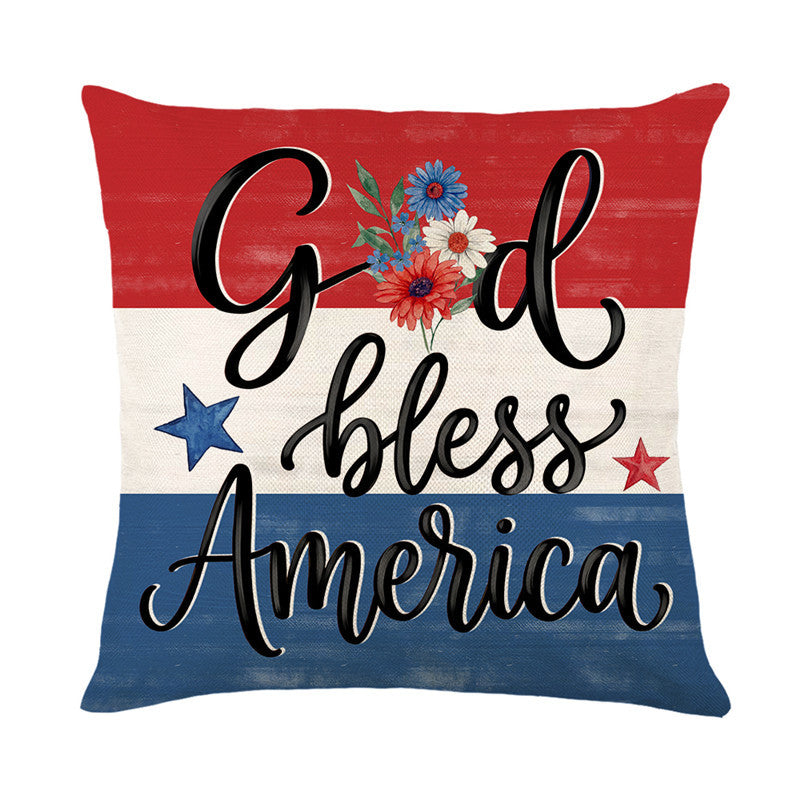 Patriotic Decorative Throw Pillow Cover with Script Typography and Floral Accent