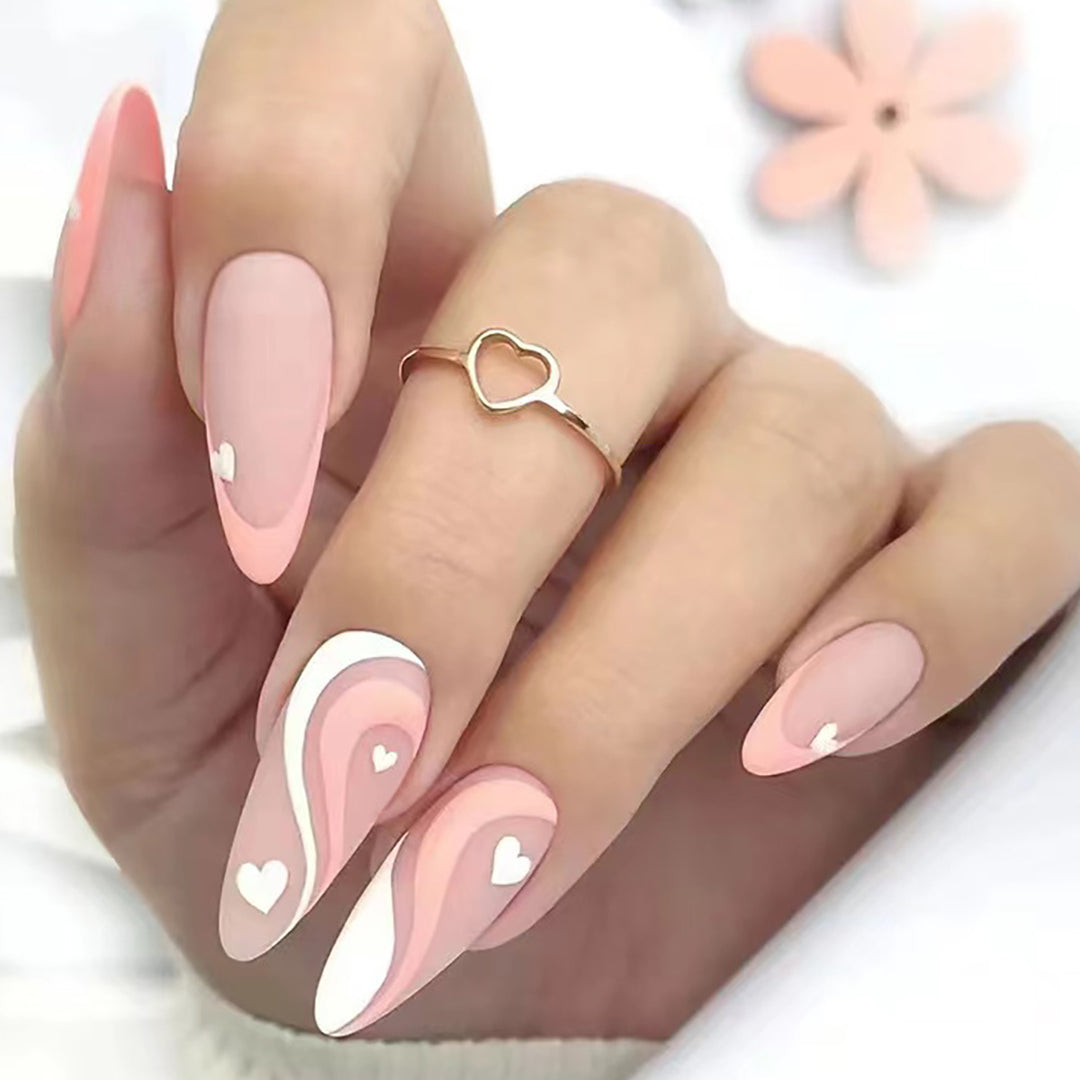 Elegant Stiletto Press-On Nails with Heart and Wave Design Stornfield