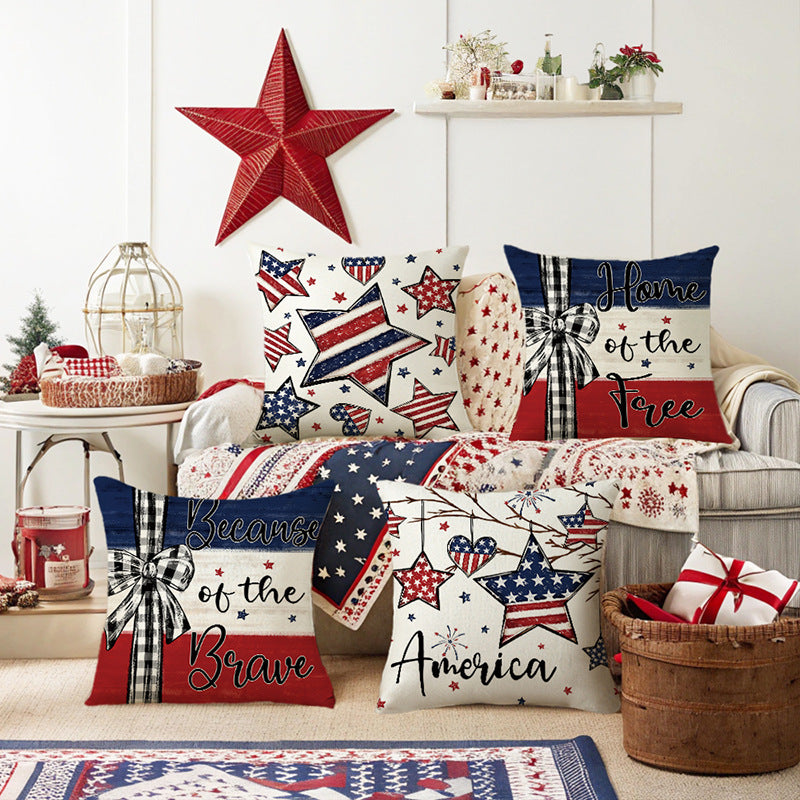 Decorative Cotton-Linen Patriotic Star Ornament Square Throw Pillow Cover