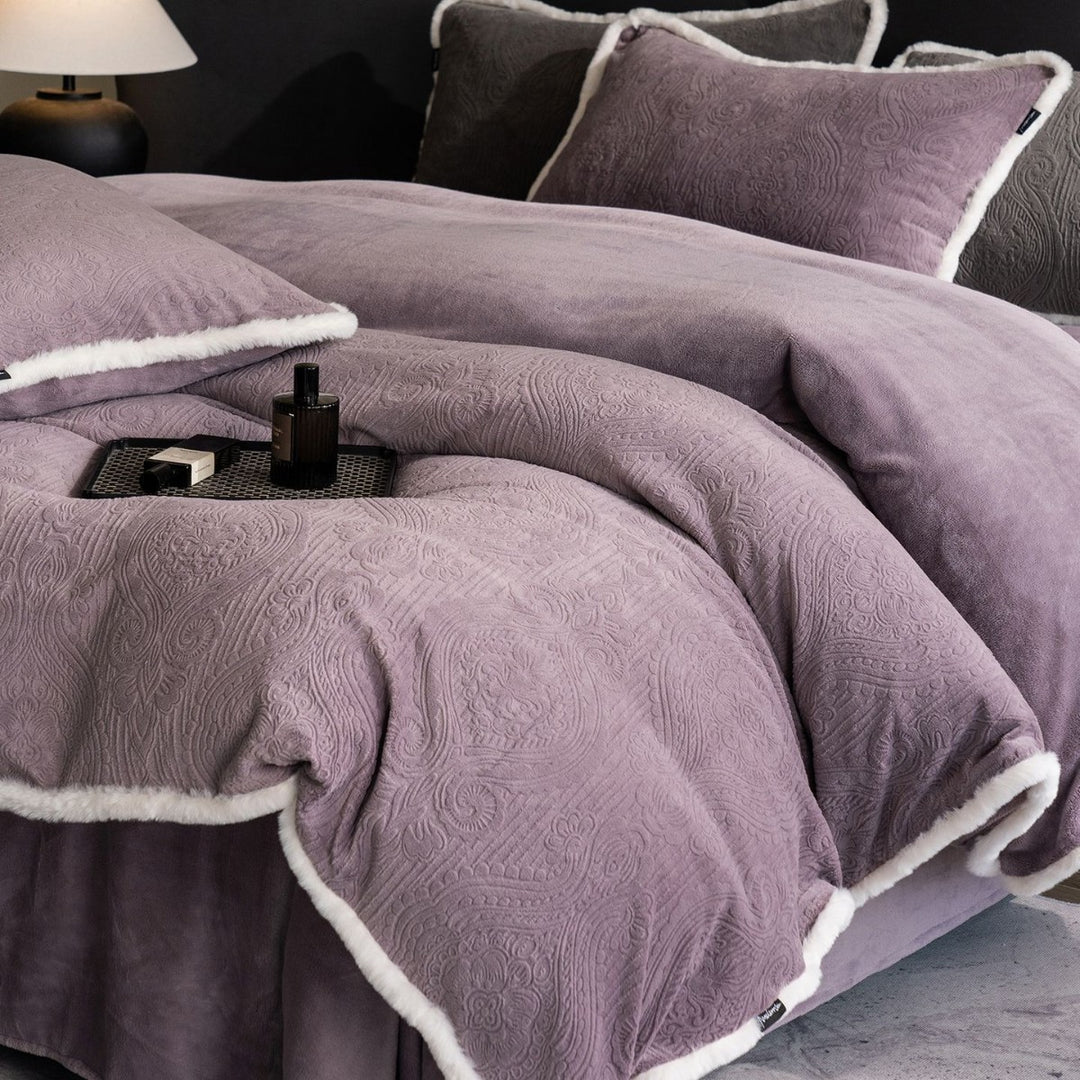 Quilted Embossed Paisley Duvet Cover Set with Reversible Plush Backing