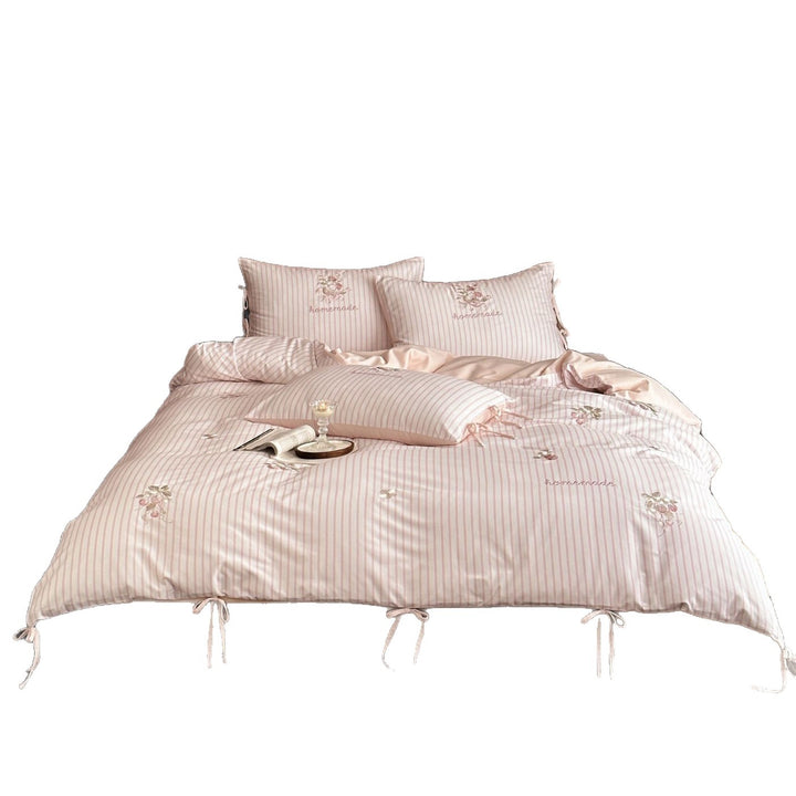 Striped cotton satin bedding set with floral hand embroidery and ties