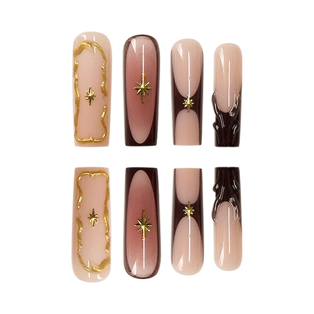 Artistic Long Press-On Nail Art Extensions with Gold Detailing Stornfield