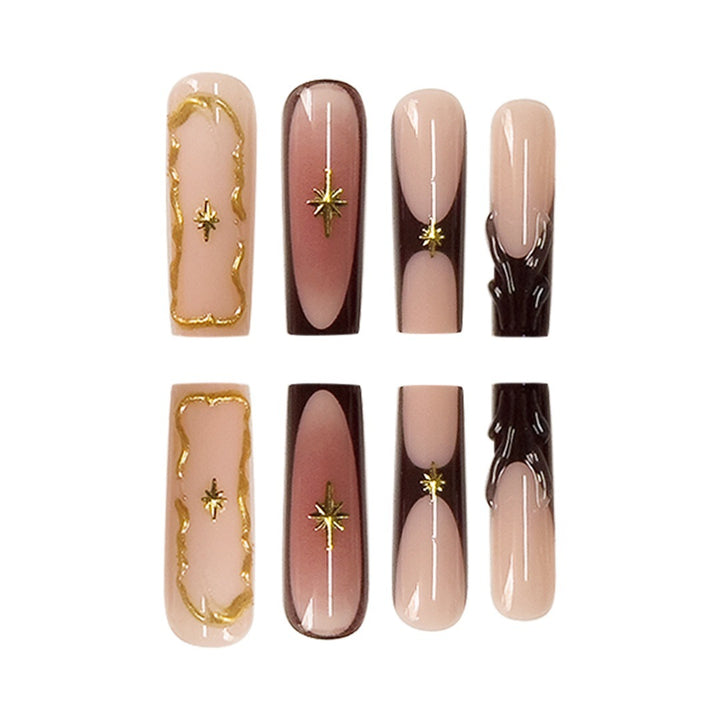 Artistic Long Press-On Nail Art Extensions with Gold Detailing Stornfield