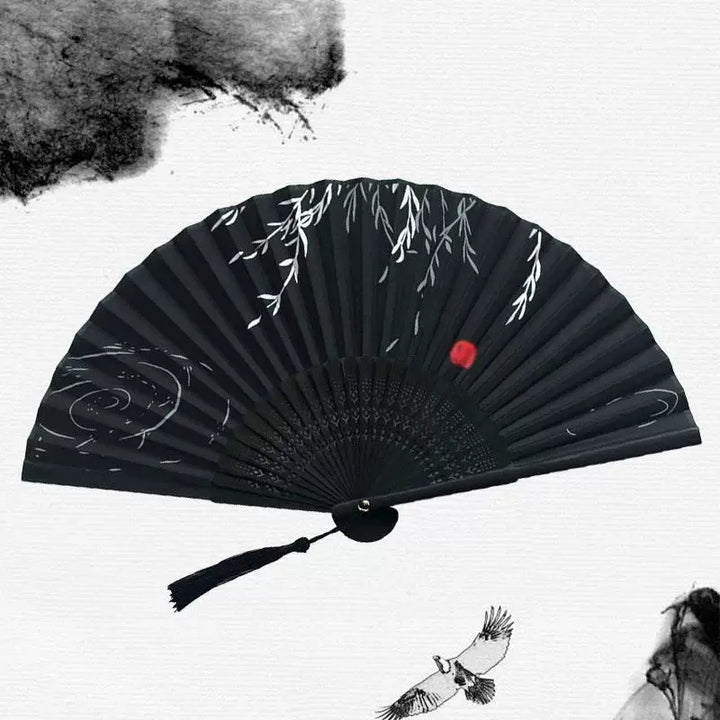 Women One Size Handcrafted Bamboo Rib Foldable Fan with Hand-Painted Calligraphic Willow Design and Decorative Tassel Stornfield