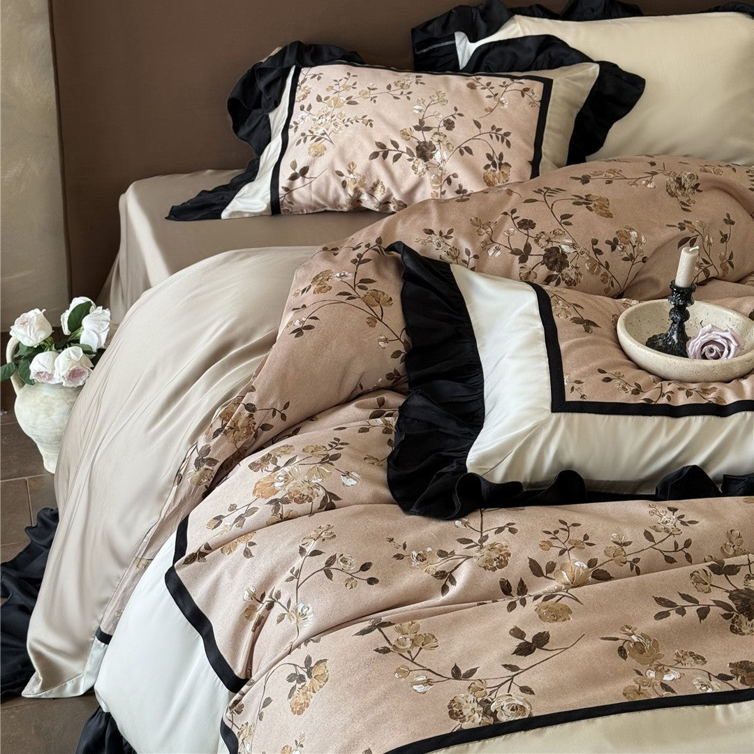 Victorian-Style Ruffled Floral Duvet Cover Set with Pleated Satin Border and Decorative Shams