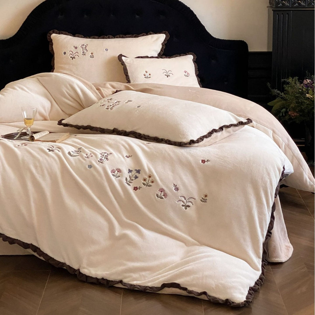 Embroidered Floral Velvet Duvet Cover Set with Ruffled Edge