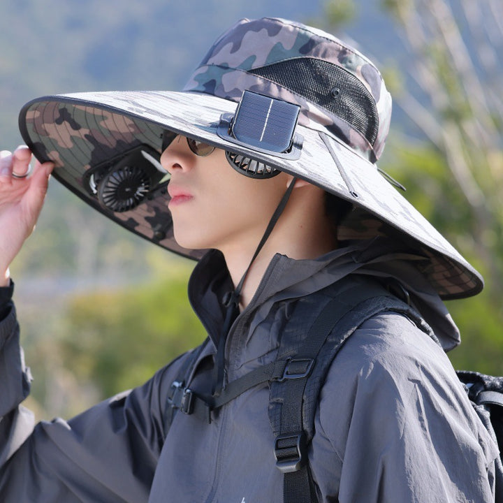 Wide-brimmed outdoor sun hat with solar-powered micro fan, breathable mesh and adjustable chin strap Stornfield