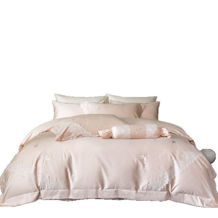 Butterfly Embroidered Lace-Trim Sateen Duvet Cover Set with Bolster Pillow
