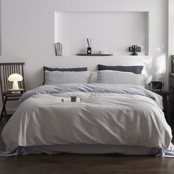 Quilted Cotton-Linen Striped Duvet Cover Set with Reversible Sateen Backing