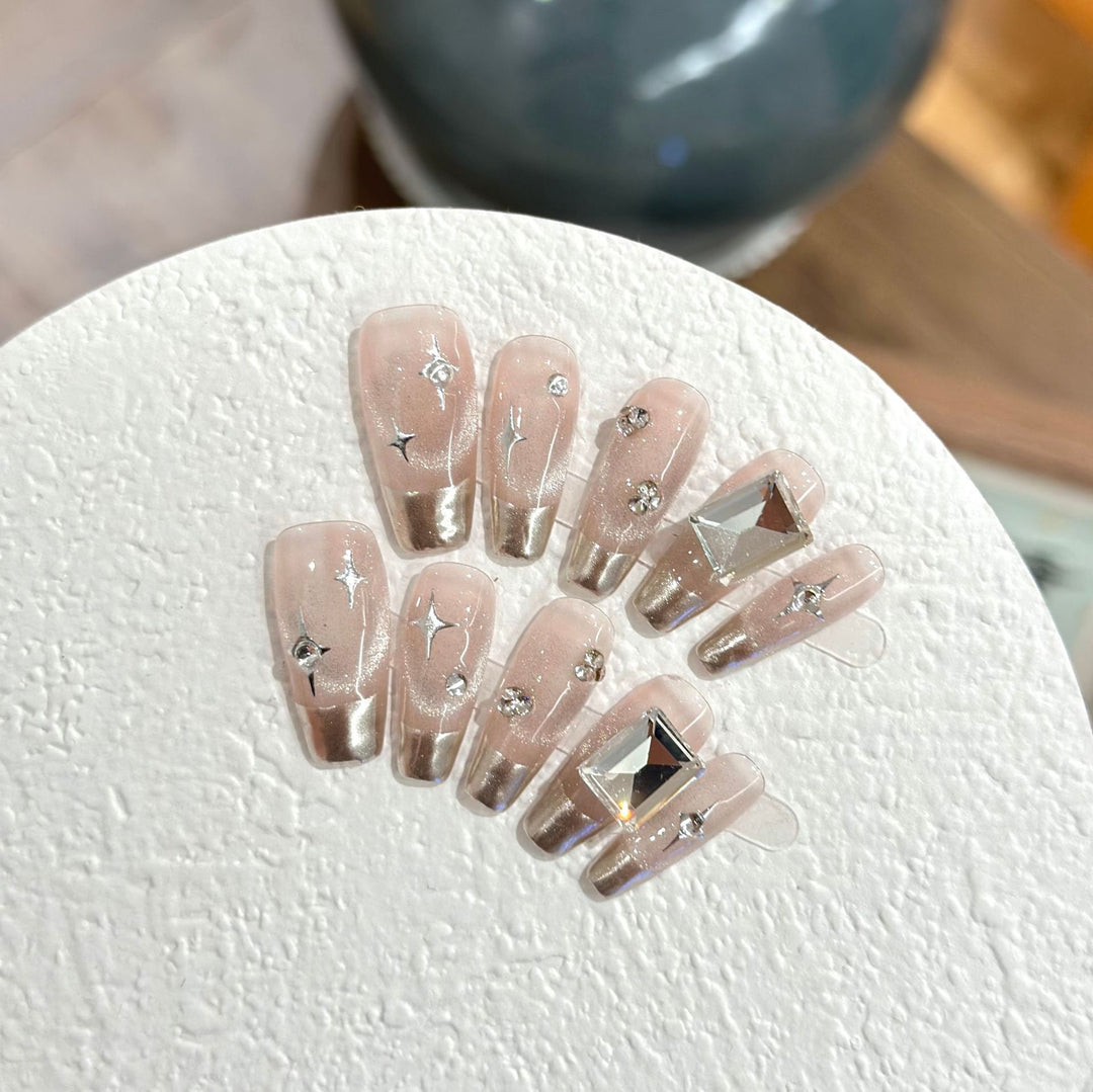 Glamorous Press-On Nail Set with Rhinestone Accents