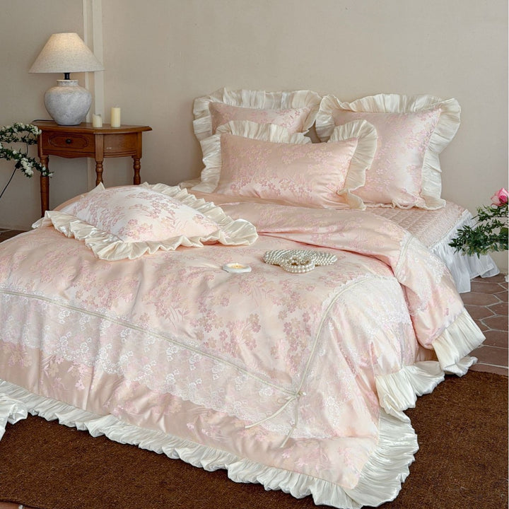 Luxurious Floral Ruffled Lace Comforter Set with Satin Trim