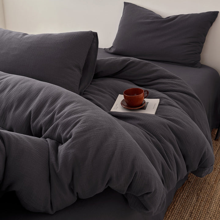 Washed Cotton Gauze Textured Duvet Cover Set with Deep-Pocket Fitted Sheet