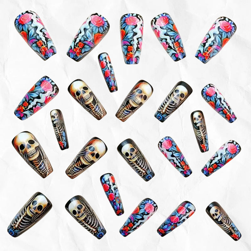 Creative artificial nails with skeleton and flower motifs Stornfield