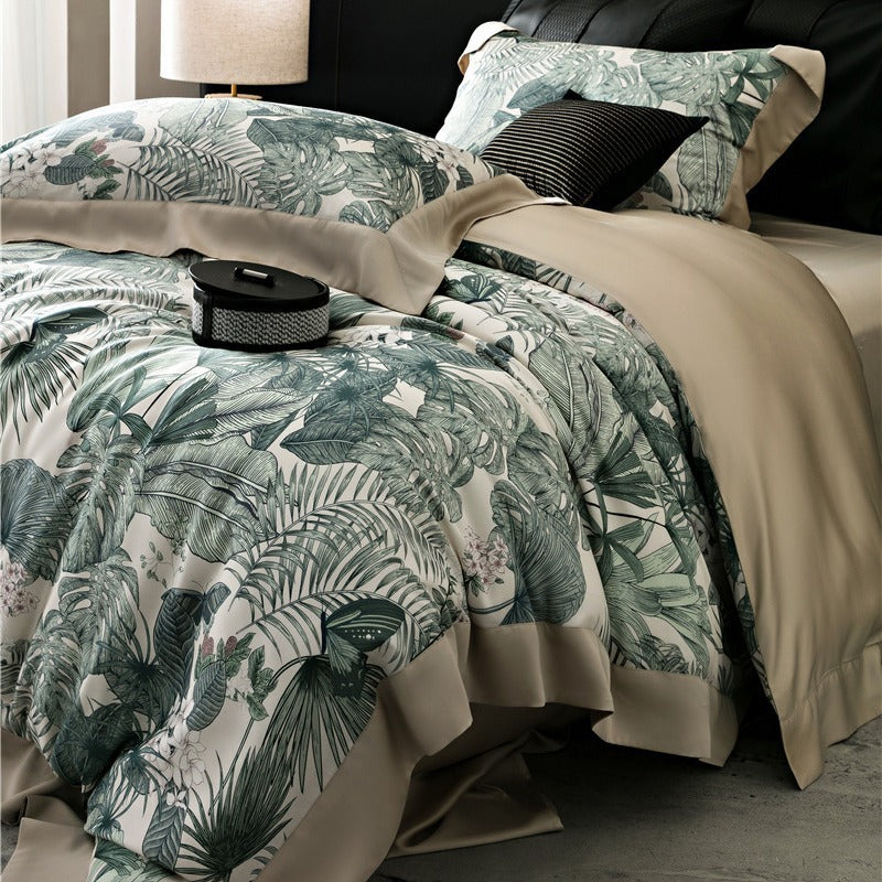 Duvet cover set made of cotton satin with subtle watercolor flower print and silky-matte texture