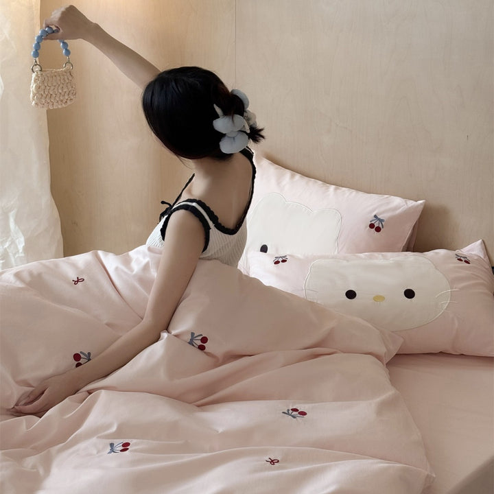 Embroidered Cherry Duvet Cover Set with Appliqué Face Pillow Shams