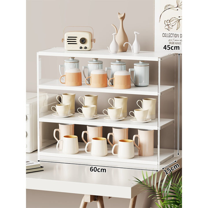 Compact Multi-Level Countertop Cup and Mug Display Shelf with Bamboo Shelves and Transparent Sides