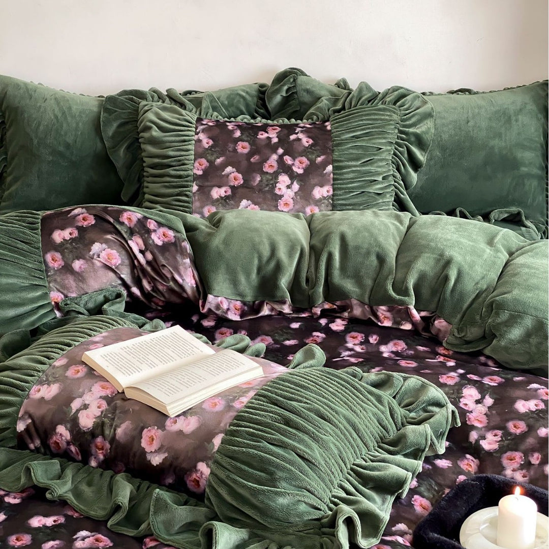 Floral Plush Velvet Panel Duvet Cover Set with Ruched Ruffle Trim