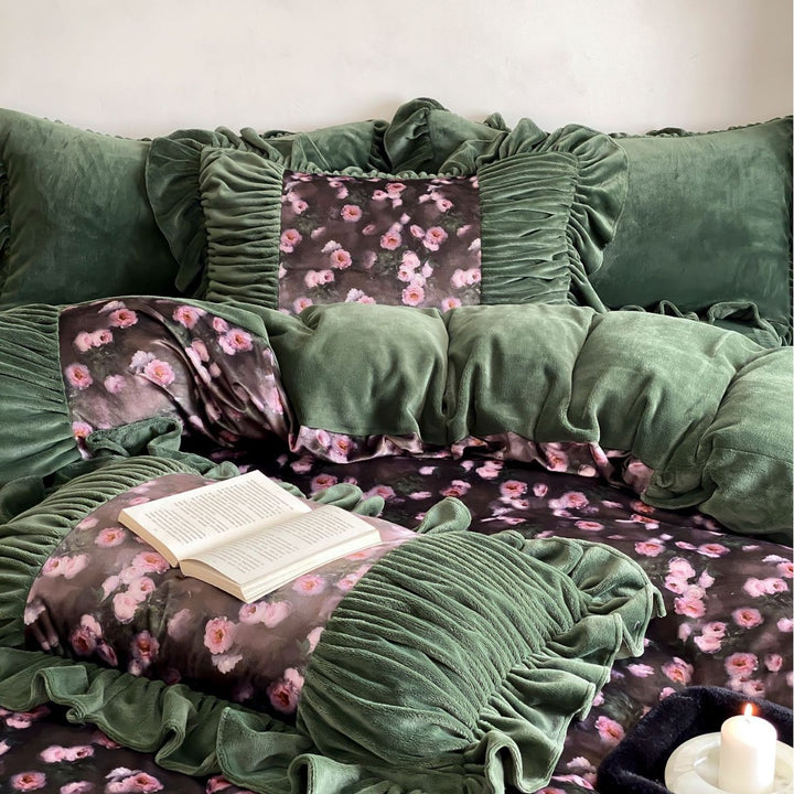 Floral Plush Velvet Panel Duvet Cover Set with Ruched Ruffle Trim