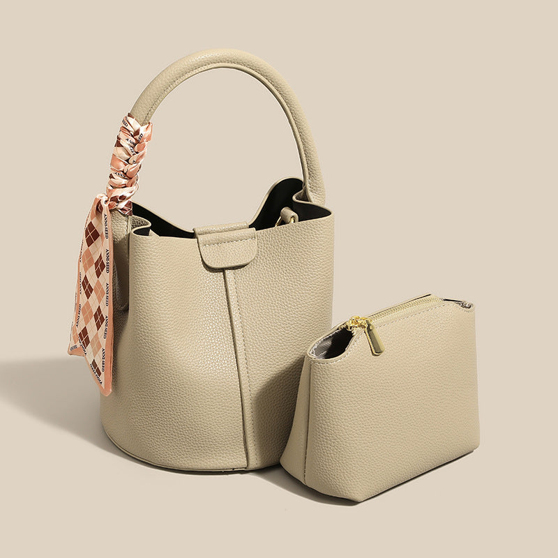 Textured Leather Bucket Bag with Scarf Detail