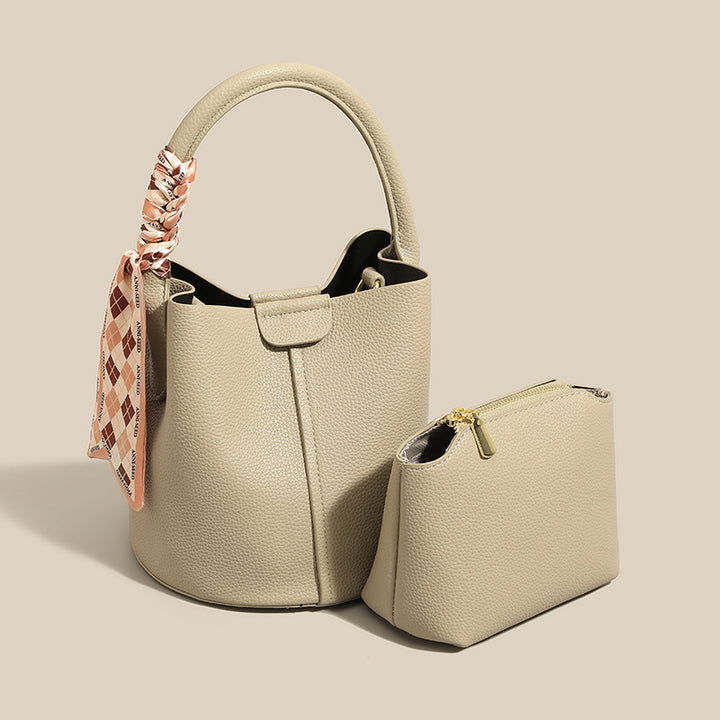 Textured Leather Bucket Bag with Scarf Detail