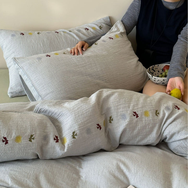 Washed Linen-Cotton Duvet Cover Ensemble with Hand-Embroidered Mini Floral Trim