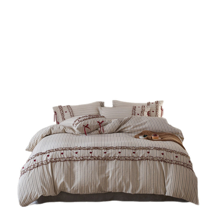 Striped Cotton-Linen Ruffled Heart-Embroidered Duvet Cover Set