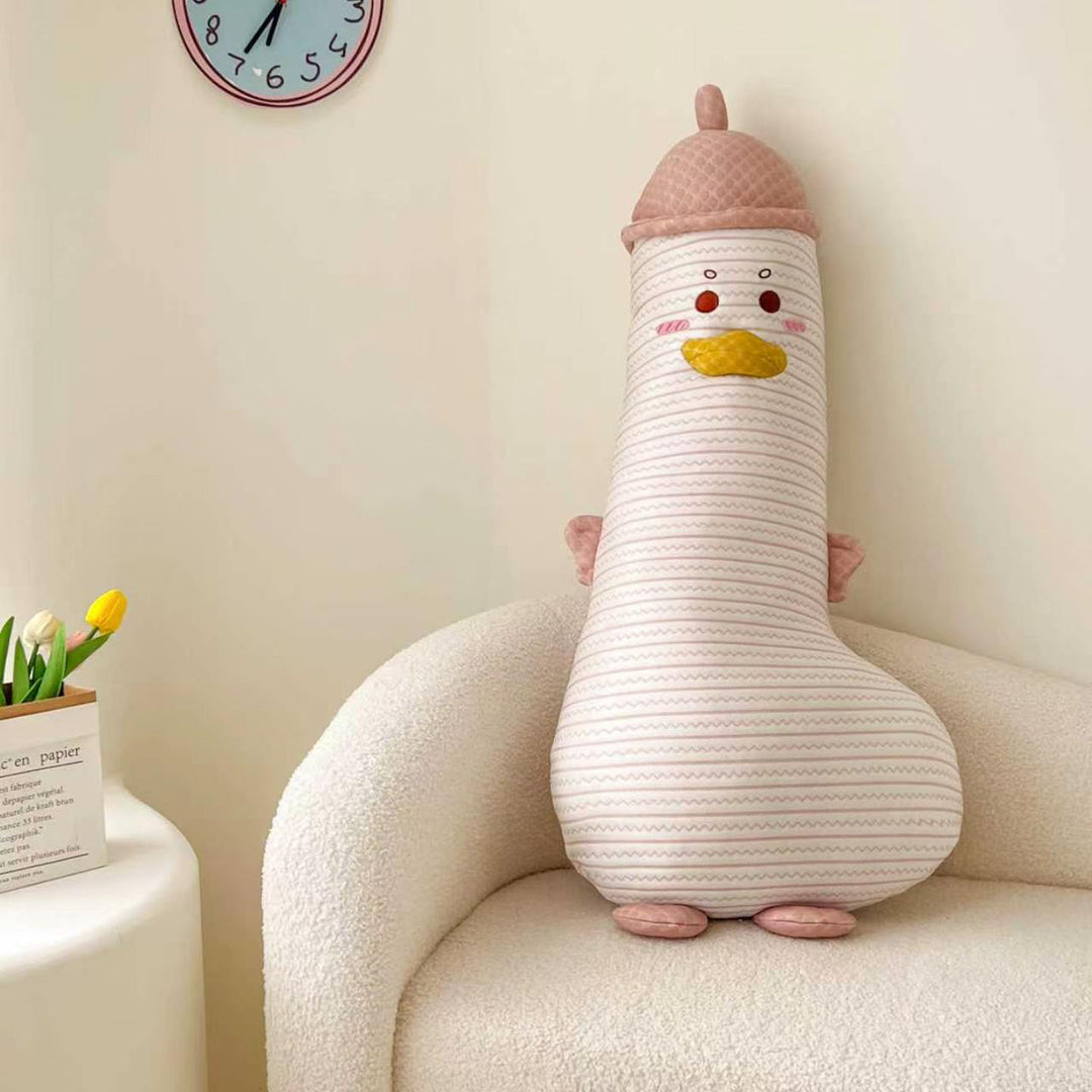 Large cuddly duck body pillow with hat and striped cotton cover