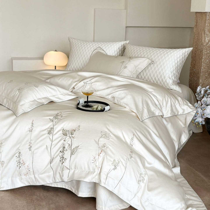 Luxurious satin bedding set with fine wildflower embroidery and reversible function