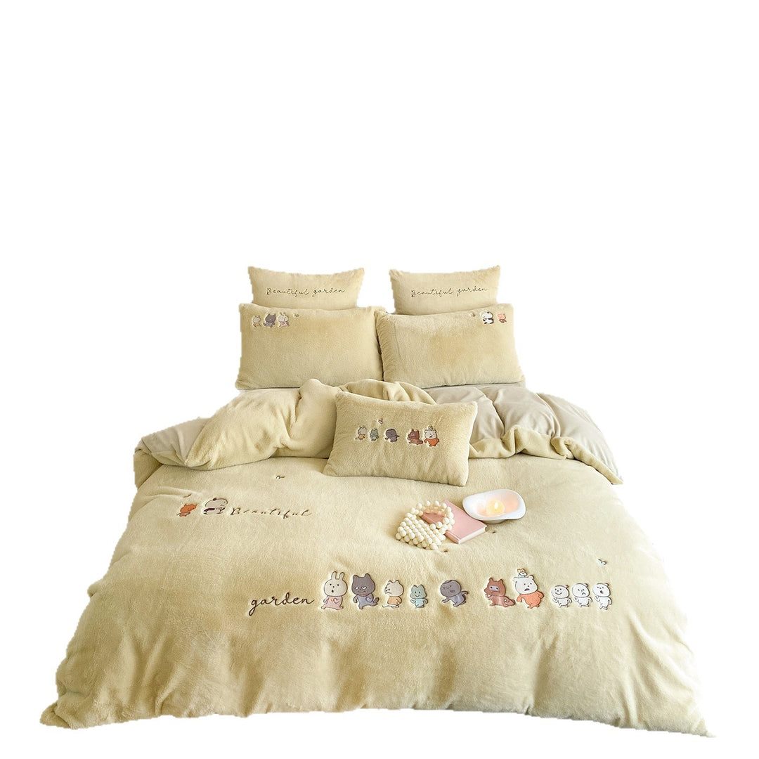 Sherpa-Texture Embroidered Duvet Cover Set with Whimsical Animal Lineup