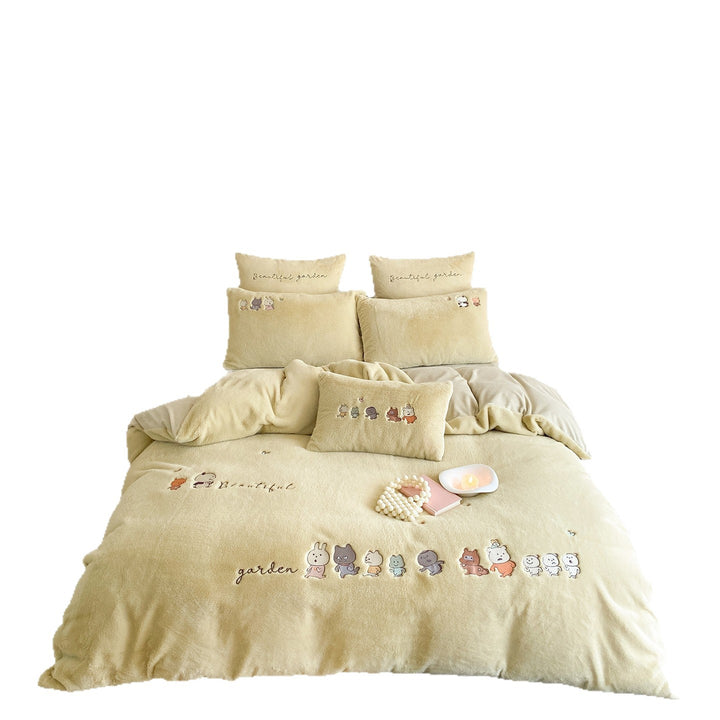 Sherpa-Texture Embroidered Duvet Cover Set with Whimsical Animal Lineup